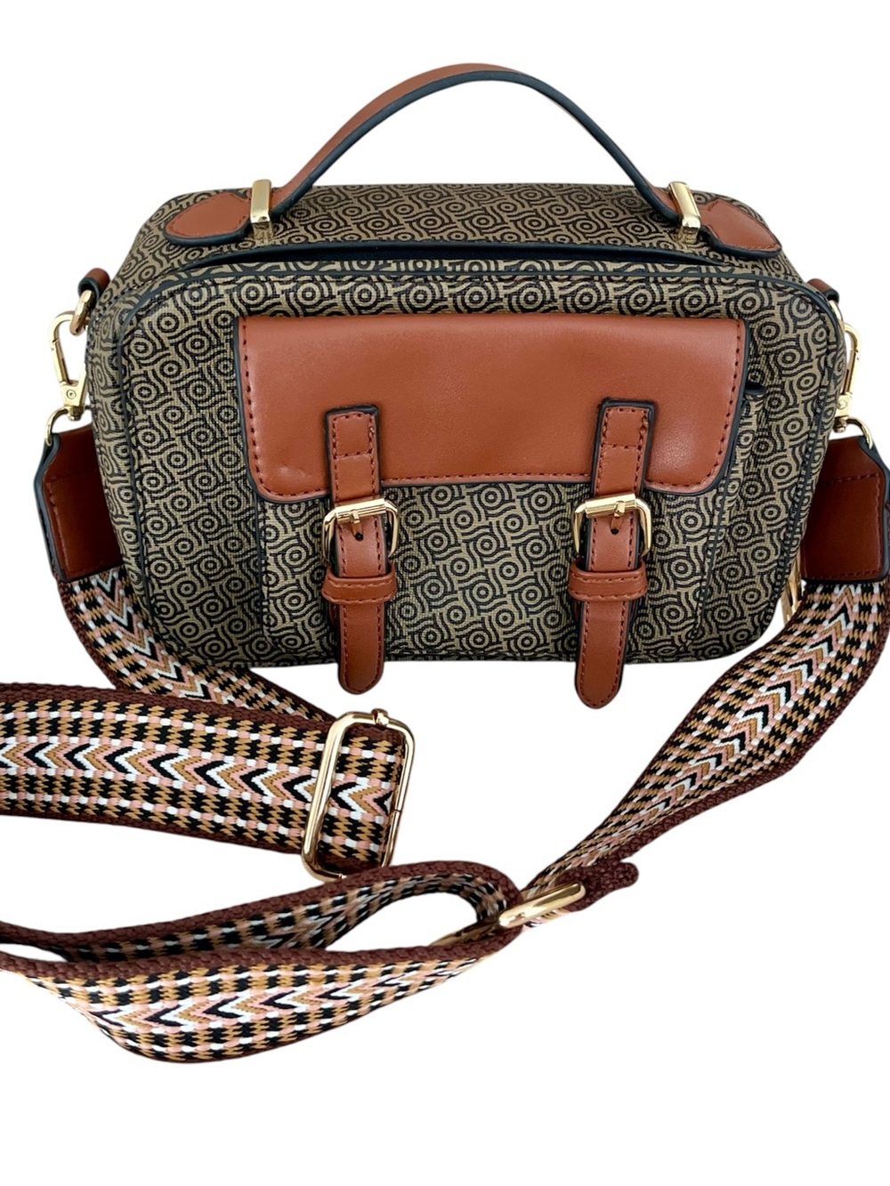 Crossbody Bag with Adjustable Strap Brown geometric Patterned